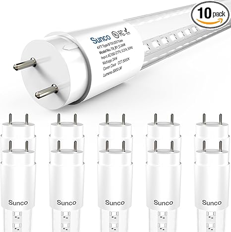 Sunco 10 Pack T8 LED Tubes 4FT Fluorescent Replacement, 48 Inch, 24W, 3000LM, 5000K Daylight, Single Ended Power, Type B, Clear Lens UL Sunco 10 Pack T8 LED Tubes 4FT Fluorescent Replacement, 48 Inch, 24W, 3000LM, 5000K Daylight, Single Ended Power, Type B, Clear Lens UL