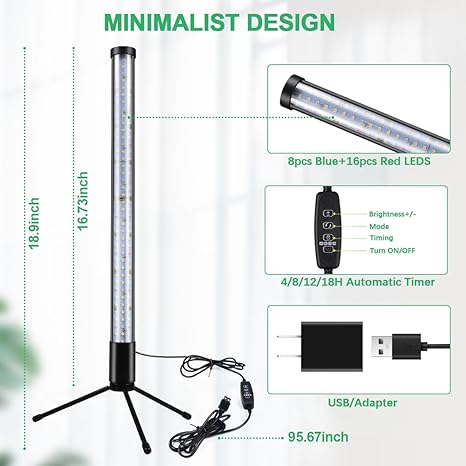 2-Pack, T10 Vertical Grow Light, 6000K Full Spectrum Desktop Plant Light 16.7″,Hung or Stood, with 3 Modes & 5 Dimming Levels, Suitable Small & Medium Plants Indoors, Auto On Off Timing 4/8/12/18Hrs 2 2-Pack, T10 Vertical Grow Light, 6000K Full Spectrum Desktop Plant Light 16.7",Hung or Stood, with 3 Modes & 5 Dimming Levels, Suitable Small & Medium Plants Indoors, Auto On Off Timing 4/8/12/18Hrs - Image 2
