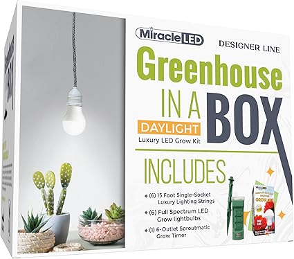 Miracle LED Greenhouse in a Box Designer Line Indoor Grow Kit – Includes Absolute Daylight Full Spectrum 100W Replacement Grow Bulb, 1 1-Socket Braided Plug-in Fixture with Timer (6-Pack) Miracle LED Greenhouse in a Box Designer Line Indoor Grow Kit - Includes Absolute Daylight Full Spectrum 100W Replacement Grow Bulb, 1 1-Socket Braided Plug-in Fixture with Timer (6-Pack)