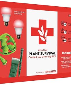Miracle LED Plant Survival Indoor Grow Light Kit – 2 Absolute Daylight + Red Spectrum 150W Replacement Grow Light Bulbs & 1 2-Socket Corded Fixture with SproutMatic Timer (6-Pack)