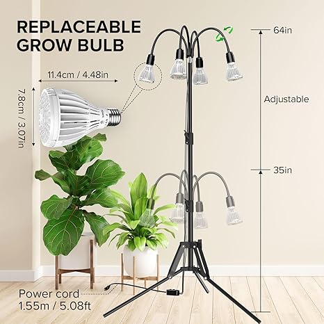 SANSI 128W Grow Lights for Indoor Plants, Full Spectrum with 35-64 inches Detachable Upgrade Tripod Stand, High PPFD Growing Lamp No Dimmable with 4pack 32W Grow Bulb 2 SANSI 128W Grow Lights for Indoor Plants, Full Spectrum with 35-64 inches Detachable Upgrade Tripod Stand, High PPFD Growing Lamp No Dimmable with 4pack 32W Grow Bulb - Image 2