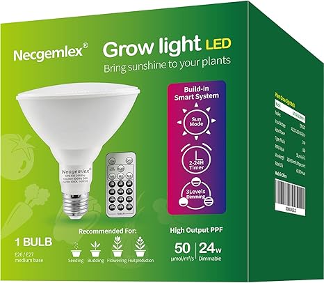 Smart PAR38 LED Grow Light Bulb – Dimmable, Sun Mode Dimming, Auto On/Off Timer, Remote Control – Full Spectrum for Indoor Plant Growth – Mimics Real Sunshine Smart PAR38 LED Grow Light Bulb - Dimmable, Sun Mode Dimming, Auto On/Off Timer, Remote Control - Full Spectrum for Indoor Plant Growth - Mimics Real Sunshine