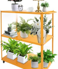 Plant Shelf with Grow Lights, 3-Tier Grow Light Shelf w/6400K LED and Wheels, Metal Plant Stand Display Rack for Indoor Plants, Mobile LED Grow Light Cart for Seed Starting, Succulent, Flower