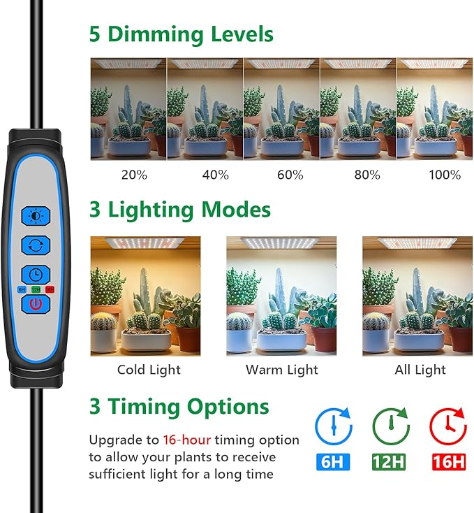 Grow Lights for Seed Starting, 552 LED Full Spectrum Plant Light Panel for Growing Indoor Plants, Slim Grow Lamp with UL Adapter, 6/12/16H Timer, 3 Light Modes, 5 Dimmable 2 Grow Lights for Seed Starting, 552 LED Full Spectrum Plant Light Panel for Growing Indoor Plants, Slim Grow Lamp with UL Adapter, 6/12/16H Timer, 3 Light Modes, 5 Dimmable - Image 2