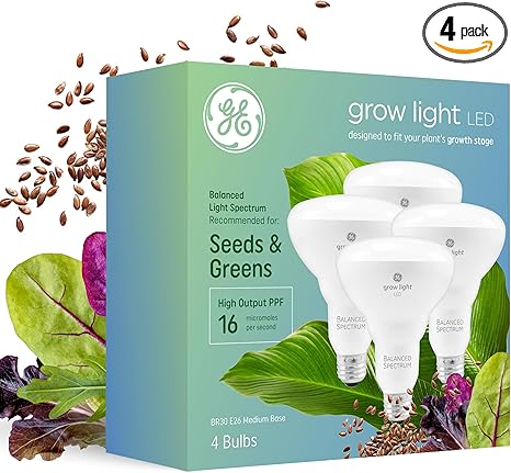 GE Grow Lights for Indoor Plants, BR30 Indoor Floodlight, LED Light Bulbs for Seeds and Greens, Balanced Light Spectrum, 25,000 Hours Lifespan, 16 PPF, 4 Pack (Packaging May Vary) GE Grow Lights for Indoor Plants, BR30 Indoor Floodlight, LED Light Bulbs for Seeds and Greens, Balanced Light Spectrum, 25,000 Hours Lifespan, 16 PPF, 4 Pack (Packaging May Vary)