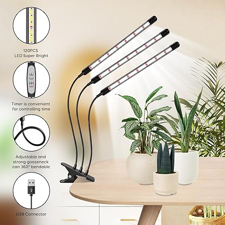 3 Head Grow Lights for Seed Starting, 6000K Full Spectrum for Indoor Plants, 6/12/18H Auto Timer, 5 Dimmable Levels, Clip-on Desk Lamp for Growing (2 Pack) 2 3 Head Grow Lights for Seed Starting, 6000K Full Spectrum for Indoor Plants, 6/12/18H Auto Timer, 5 Dimmable Levels, Clip-on Desk Lamp for Growing (2 Pack) - Image 2