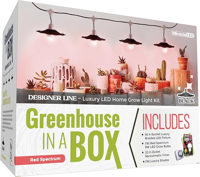Miracle LED Greenhouse in a Box Designer Line Indoor Grow Kit – Includes 4 Absolute Daylight Red Spectrum 100W Replacement Grow Bulbs, 1 4-Socket Plug-in Fixture with Black Shade & Timer (4-Pack) Miracle LED Greenhouse in a Box Designer Line Indoor Grow Kit - Includes 4 Absolute Daylight Red Spectrum 100W Replacement Grow Bulbs, 1 4-Socket Plug-in Fixture with Black Shade & Timer (4-Pack)