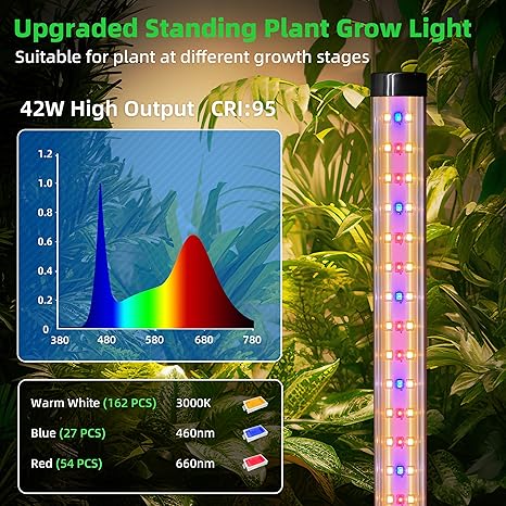 Plant Grow Lights for Indoor, 42W Full Spectrum Growing Light with Tripod Stand, 4FT Height T8 Vertical Standing Indoor Growing Light for Plants with On/Off Timer Function, 2 Packs 2 Plant Grow Lights for Indoor, 42W Full Spectrum Growing Light with Tripod Stand, 4FT Height T8 Vertical Standing Indoor Growing Light for Plants with On/Off Timer Function, 2 Packs - Image 2